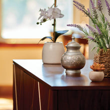 Silver Brass Small Urn with Hand-Etched Engraved Design - Lifestyle