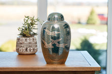 Nickel Brass Extra Large Pet Urn with Going Home Engraved Birds - Lifestyle