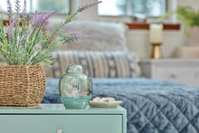 Nickel Brass Medium Pet Urn with Going Home Engraved Birds - Lifestyle