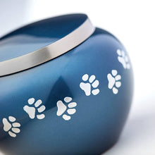 Classic Round Deep Blue Paw Band Medium Pet Cremation Urn - Artistic