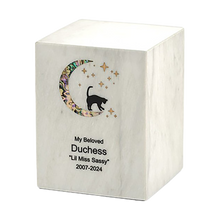 White Marble Cat & Moon Pink Inlay Large Pet Cremation Urn