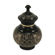 Black Brass Small Urn with Hand-Etched Engraved Design
