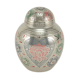 Silver Brass Small Urn with Pink Lotus Floral Etching