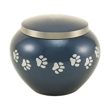Classic Round Deep Blue Paw Band Medium Pet Cremation Urn